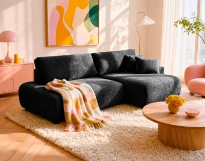 BEST MOBILIER Canap&eacute; d'angle droit 4 places convertible en tissu textur&eacute; noir