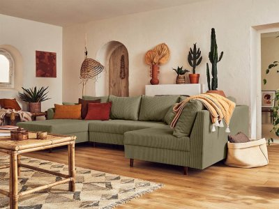 BEST MOBILIER Canap&eacute; d'angle droit 7 places en velours c&ocirc;tel&eacute; vert