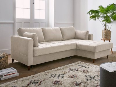 BEST MOBILIER Canap&eacute; d'angle droit convertible 4 places Velours Beige
