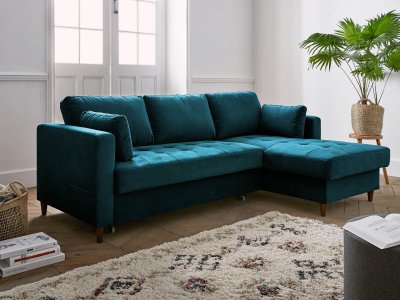 BEST MOBILIER Canap&eacute; d'angle droit convertible 4 places Velours Bleu canard