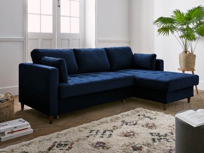 BEST MOBILIER Canap&eacute; d'angle droit convertible 4 places Velours Bleu nuit