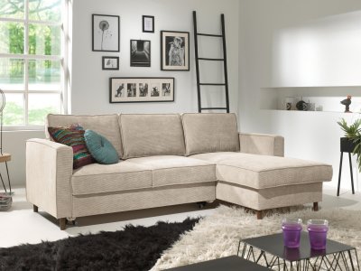 BEST MOBILIER Canap&eacute; d'angle droit convertible 4 places Velours c&ocirc;tel&eacute; Beige