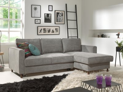 BEST MOBILIER Canap&eacute; d'angle droit convertible 4 places Velours c&ocirc;tel&eacute; Gris clair