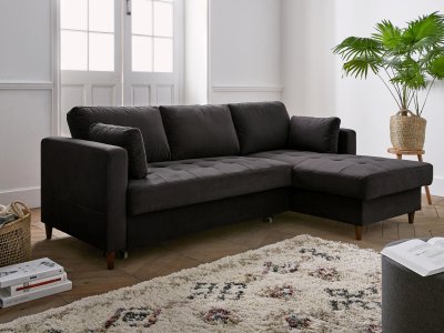 BEST MOBILIER Canap&eacute; d'angle droit convertible 4 places Velours Gris fonc&eacute;