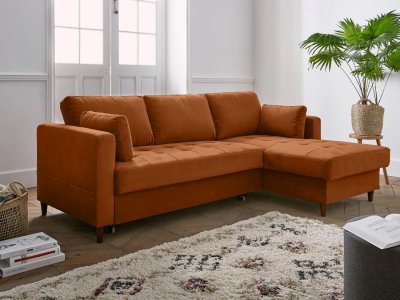 BEST MOBILIER Canap&eacute; d'angle droit convertible 4 places Velours Rouille