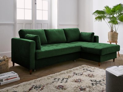 BEST MOBILIER Canap&eacute; d'angle droit convertible 4 places Velours Vert