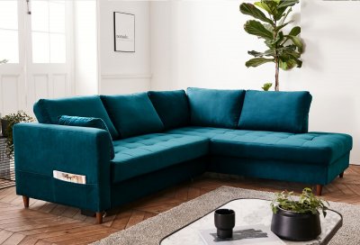 BEST MOBILIER Canap&eacute; d'angle droit convertible 5 places ANNA - Velours Bleu canard