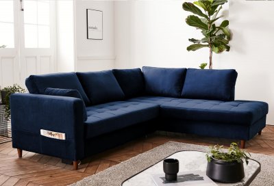 BEST MOBILIER Canap&eacute; d'angle droit convertible 5 places ANNA - Velours Bleu nuit