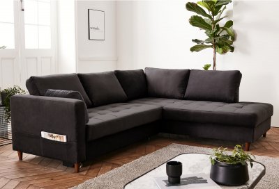 BEST MOBILIER Canap&eacute; d'angle droit convertible 5 places Velours Gris fonc&eacute;