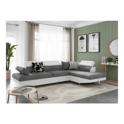 LOUNGITUDE Canap&eacute; d'angle droit convertible tissu gris et simili blanc Mio 275 cm
