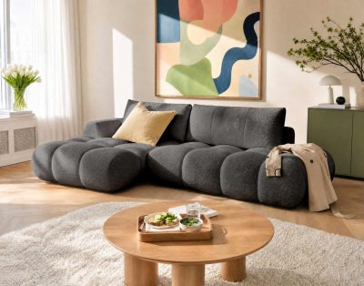 Canap&eacute; d'angle gauche 4 places convertible coffre tissu bouclette gris