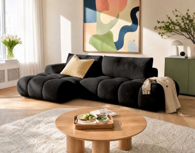 Canap&eacute; d'angle gauche 4 places convertible coffre tissu bouclette noir