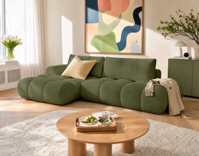 BEST MOBILIER Canap&eacute; d'angle gauche 4 places convertible coffre tissu bouclette vert