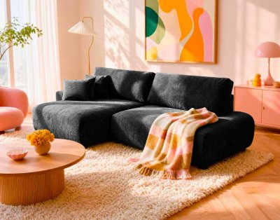 BEST MOBILIER Canap&eacute; d'angle gauche 4 places convertible en tissu textur&eacute; noir