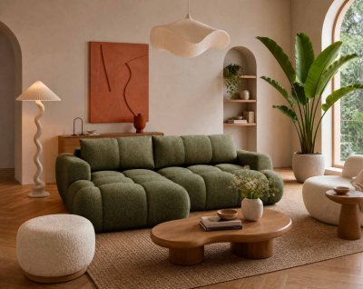 BEST MOBILIER Canap&eacute; d'angle gauche 4 places en tissu bouclette vert
