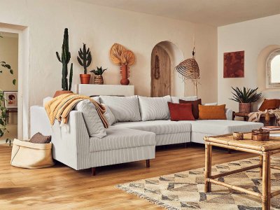 BEST MOBILIER Canap&eacute; d'angle gauche 7 places en velours c&ocirc;tel&eacute; gris clair