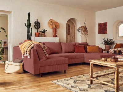 BEST MOBILIER Canap&eacute; d'angle gauche 7 places en velours c&ocirc;tel&eacute; terracotta