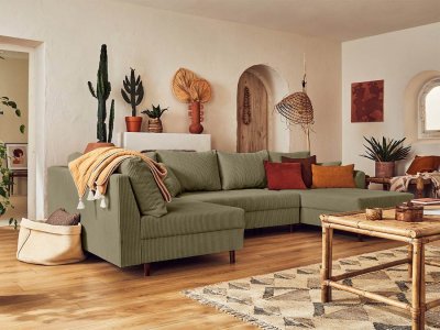 BEST MOBILIER Canap&eacute; d'angle gauche 7 places en velours c&ocirc;tel&eacute; vert