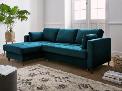 BEST MOBILIER Canap&eacute; d'angle gauche convertible 4 places Velours Bleu canard