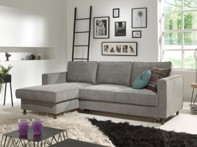 BEST MOBILIER Canap&eacute; d'angle gauche convertible 4 places Velours c&ocirc;tel&eacute; Gris clair