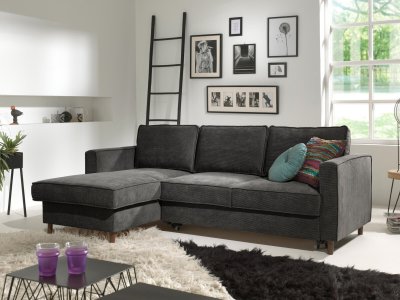 BEST MOBILIER Canap&eacute; d'angle gauche convertible 4 places Velours c&ocirc;tel&eacute; Gris fonc&eacute;