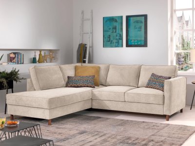 BEST MOBILIER Canap&eacute; d'angle gauche convertible 5 places Velours c&ocirc;tel&eacute; Beige