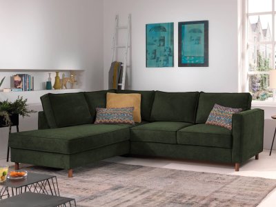 BEST MOBILIER Canap&eacute; d'angle gauche convertible 5 places Velours c&ocirc;tel&eacute; Vert