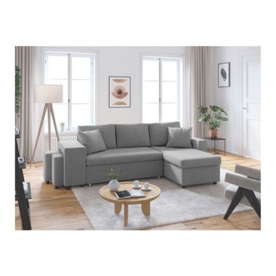 LOUNGITUDE Canap&eacute; d'angle gauche convertible IRIS 3 places gris + 2 poufs