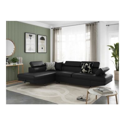 LOUNGITUDE Canap&eacute; d'angle gauche convertible simili cuir noir Mio 271 cm