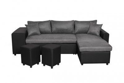 Canap&eacute; d'angle gauche L200 Plus niche 2 poufs Noir et gris