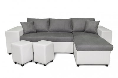 LOUNGITUDE Canap&eacute; d'angle mady convertible avec coffre, accoudoir &eacute;tag&egrave;re et poufs gauche en bi-mati&egrave;re