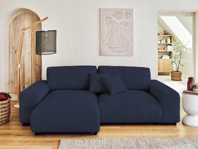 BEST MOBILIER Canap&eacute; d'angle r&eacute;versible 4 places en velours c&ocirc;tel&eacute; bleu nuit