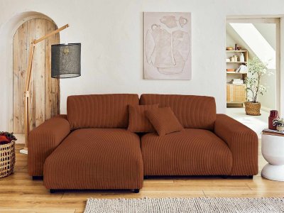 BEST MOBILIER Canap&eacute; d'angle r&eacute;versible 4 places en velours c&ocirc;tel&eacute; terracotta