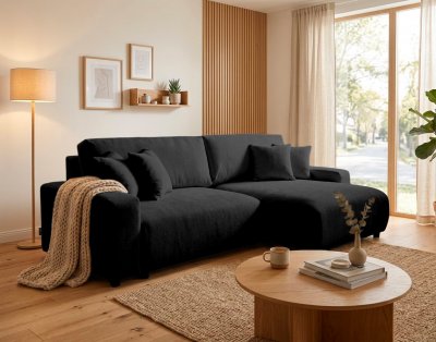 BEST MOBILIER Canap&eacute; d'angle r&eacute;versible convertible 4 places en velours textur&eacute; noir