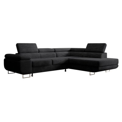 SELSEY Canap&eacute; d&rsquo;angle &ndash; STEVIL &ndash; convertible &ndash; en velours c&ocirc;tel&eacute; &ndash; noir &ndash; droit