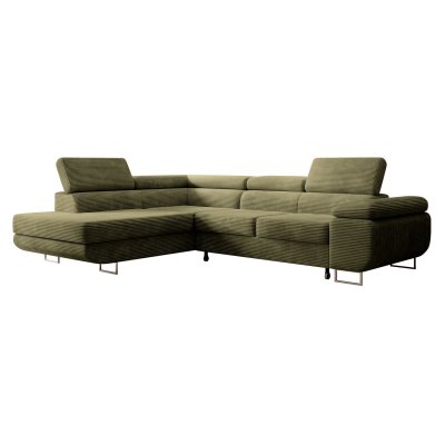 SELSEY Canap&eacute; d&rsquo;angle &ndash; STEVIL &ndash; convertible &ndash; en velours c&ocirc;tel&eacute; &ndash; vert olive &ndash; gauche