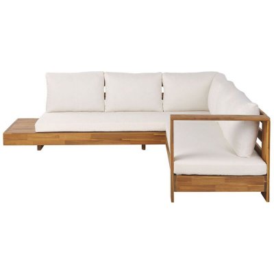 BELIANI Canap&eacute; de jardin modulable en bois d'acacia avec coussins blanc cass&eacute;