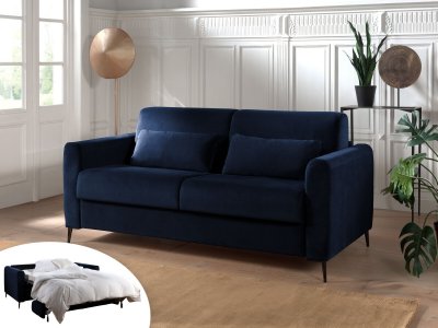 BEST MOBILIER Canap&eacute; droit convertible 3 places Velours Bleu nuit