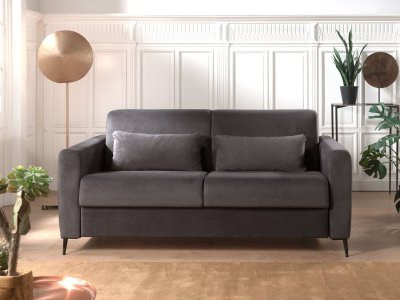 BEST MOBILIER Canap&eacute; droit convertible 3 places Velours Gris fonc&eacute;