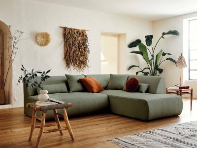 BEST MOBILIER Canap&eacute; modulable 5 places angle droit en tissu vert sauge