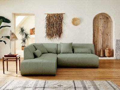BEST MOBILIER Canap&eacute; modulable 5 places angle gauche en tissu vert sauge