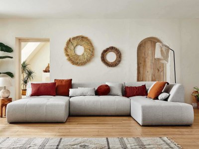 BEST MOBILIER Canap&eacute; panoramique 7 places angle droit en tissu gris clair