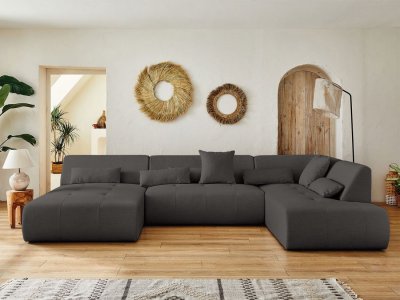 BEST MOBILIER Canap&eacute; panoramique 7 places angle droit en tissu gris fonc&eacute;