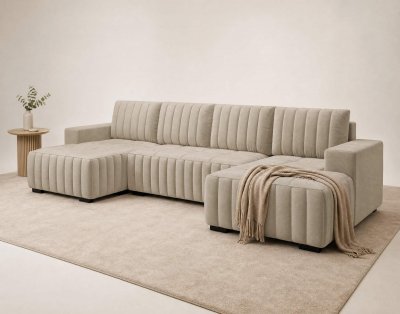 BEST MOBILIER Canap&eacute; panoramique 7 places avec coffre en velours beige
