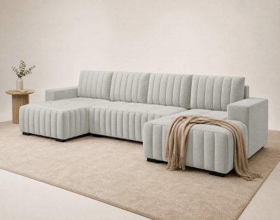 BEST MOBILIER Canap&eacute; panoramique 7 places avec coffre en velours blanc