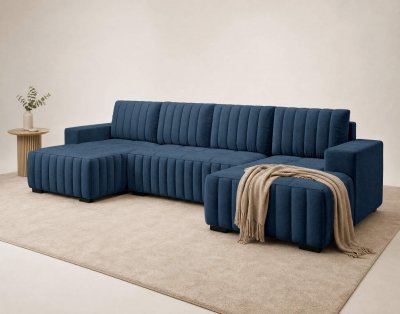 BEST MOBILIER Canap&eacute; panoramique 7 places avec coffre en velours bleu marine