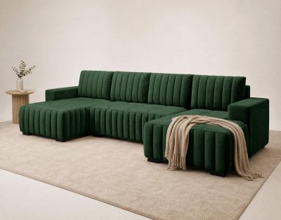 BEST MOBILIER Canap&eacute; panoramique 7 places avec coffre en velours vert