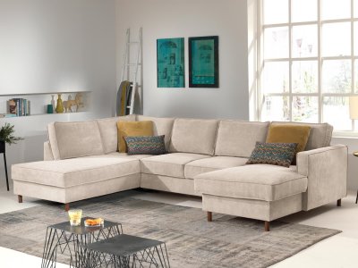 BEST MOBILIER Canap&eacute; panoramique 7 places JAKE - Angle gauche - Velours c&ocirc;tel&eacute; Beige