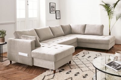BEST MOBILIER Canap&eacute; panoramique Angle droit 7 places Velours Beige
