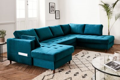 BEST MOBILIER Canap&eacute; panoramique Angle droit 7 places Velours Bleu canard